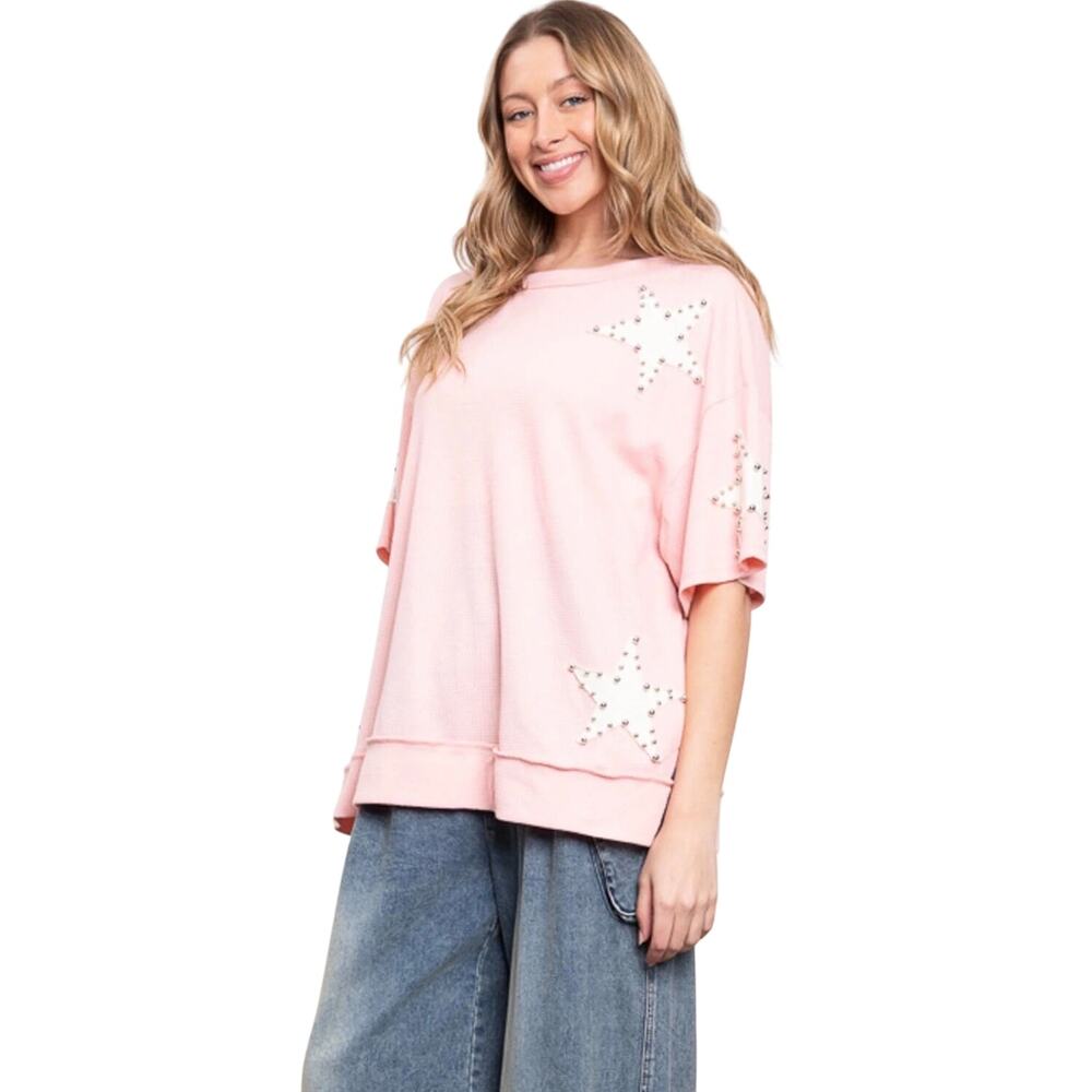 NWT BLUE VELVET Boho Pink Thermal Knit Studded Star Appliqué Top